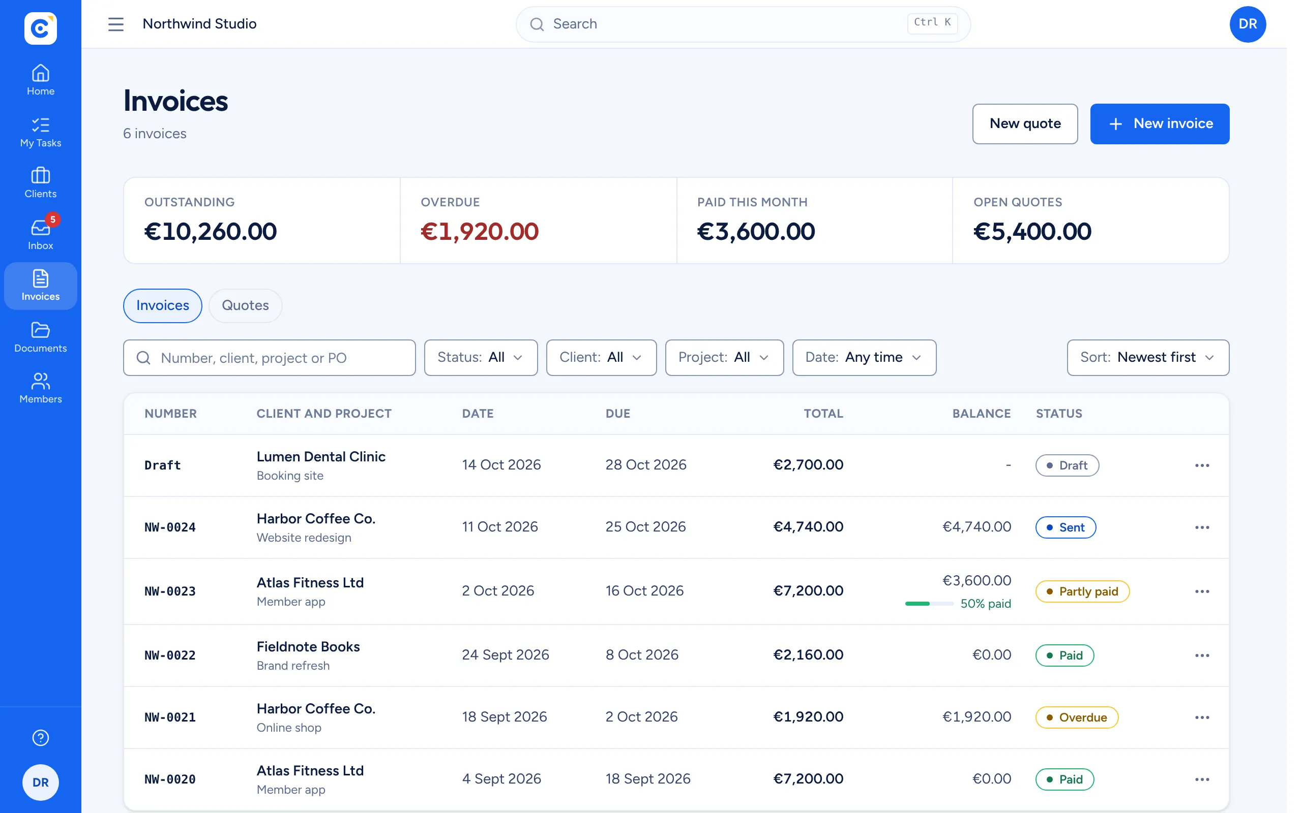 The invoices list with outstanding, overdue and paid totals, and a status for each invoice